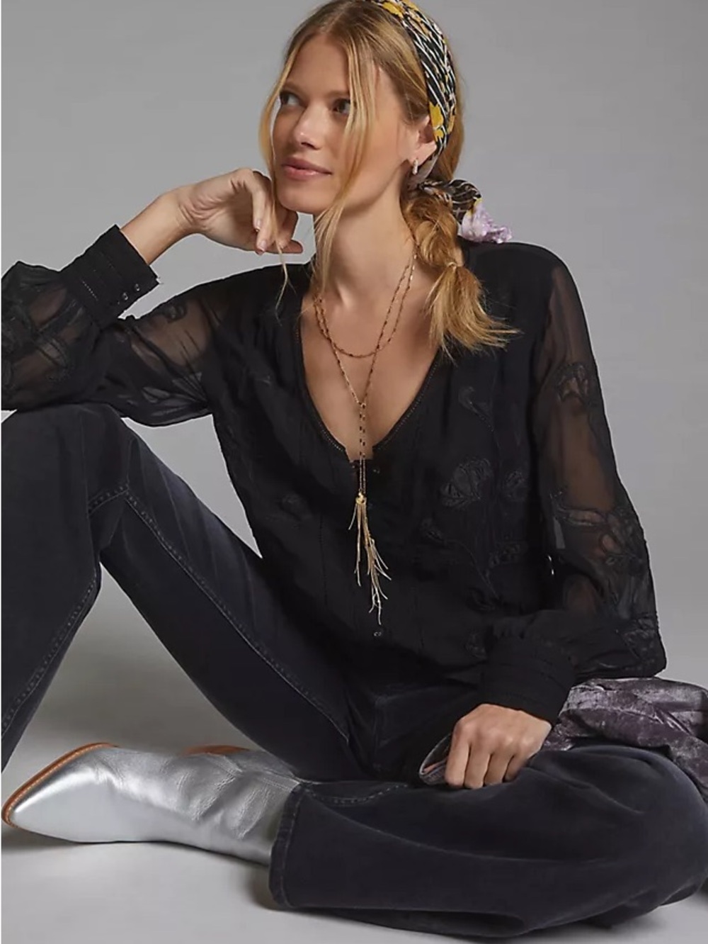 Anthropologie black long-sleeve embroidered button-down blouse with sheer sleeve - Picture 2 of 7